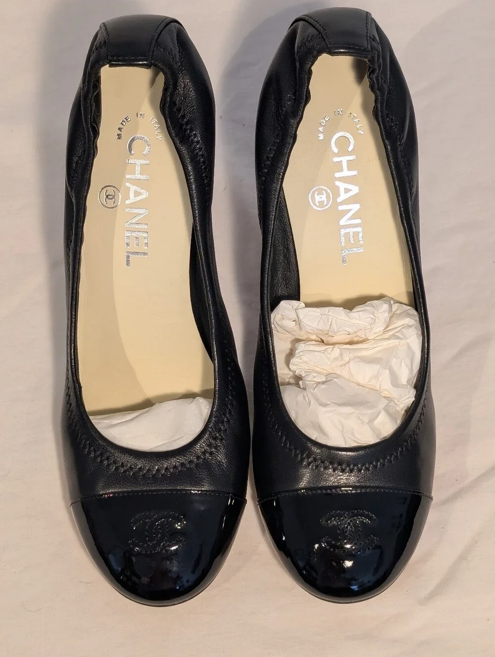 Chanel Black Patent Cap-Toe Leather Pumps